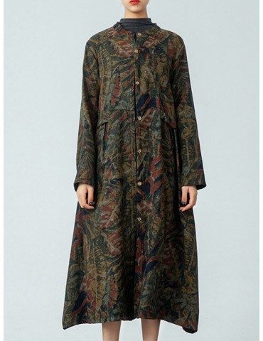 Vintage Printed O-neck Button Long Thin Coat