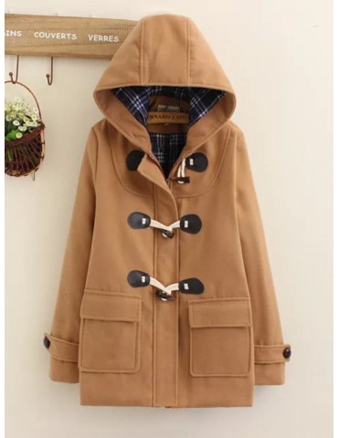 Horn Button Solid Color Hooded Long Sleeve Casual Coat