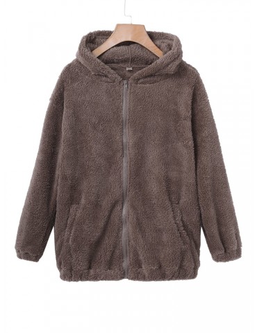 Women Bear Hooded Pure Color Fleece Zipper Coats