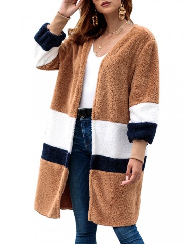 Fleece Patchwork Contrast Long Coats