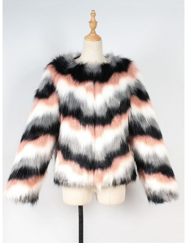 Faux Fur Stripe Long Sleeve Autumn Winter Short Coat