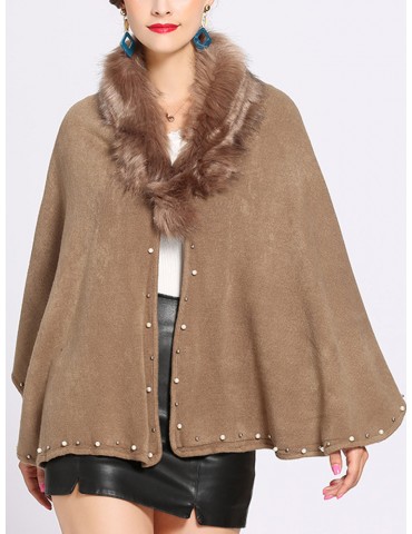Women Casual Solid Color Fur Collar Cloak Coats