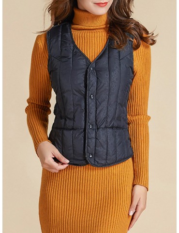 Women Casual Cotton Lined Solid Color Puffer V-neck Vest Coat