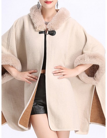 Elegant Faux Fur Patchwork Hooded Women Cloak Coats