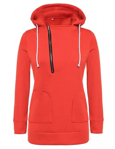 Casual Pure Color Hooded Zipper Long Sleeve Sweatshirts For Women