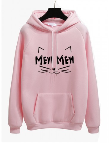 Casual Hooded Cat Printed Long Sleeve Sweatshirts