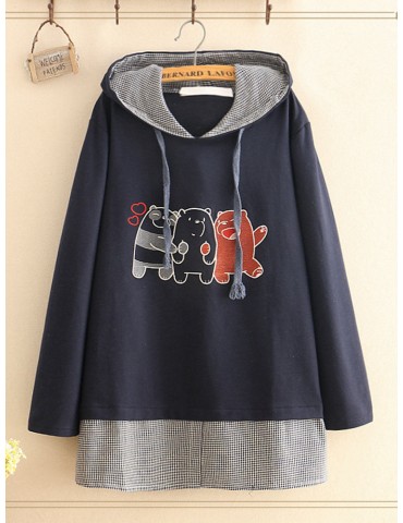 Bear Embroidered Hooded Fake Two Pieces Sweashirt