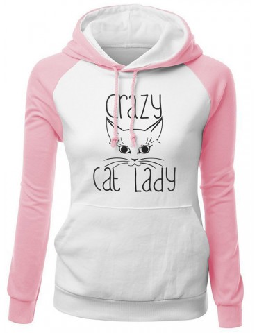 Women Cat Printed Contrast Color Hooded Long Sleeve Sweatshirts