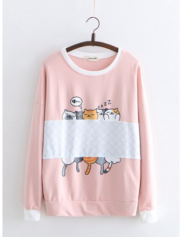 Sleeping Cat Print Round Neck Long Sleeve Sweatshirt