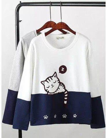 Women Cats Printed Contrast Color O-Neck Pullover Sweatshirts