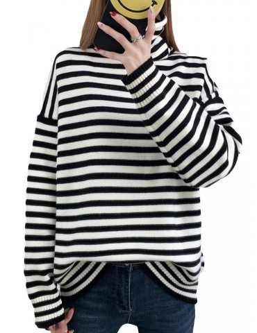 Striped Knit Pullover High-neck Sweaster