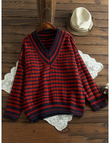 Casual V-neck Striped Sweaters For Women