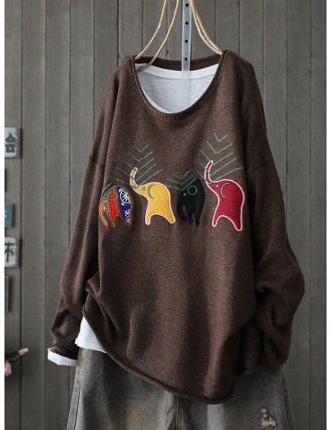 Vintage Embroidery Elephant Long Sleeve Sweater