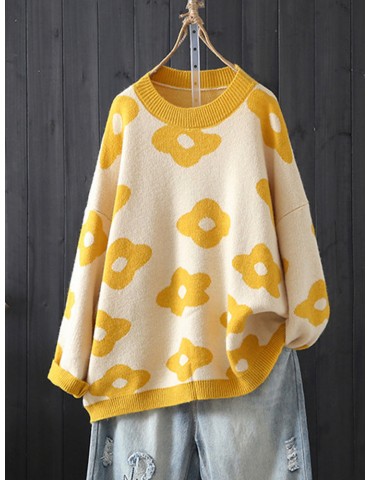 Embroidery Flower O-neck Long Sleeve Overhead Loose Sweater