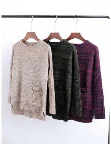 Women Casual Long Sleeve Side Split O-neck Sweaters