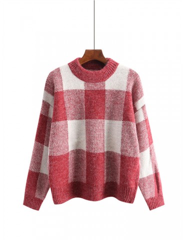 Long Sleeve O-neck Plaid Pullovers Sweater