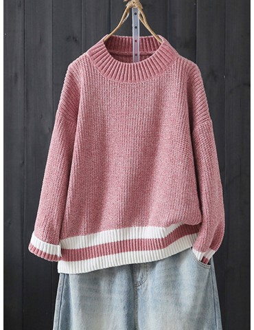 Patch Hem Long Sleeve Loose Casual Sweater