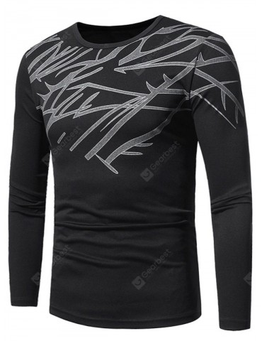 Crew Neck Printed Stretchy Openwork Long Sleeve T-shirt
