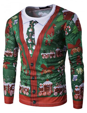Christmas Tree 3D Fake Two-piece Tie Printing Men Long-sleeved T-shirt