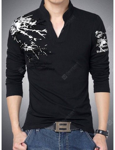 Stylish Letter Print Stand Collar Long Sleeve Tee For Men