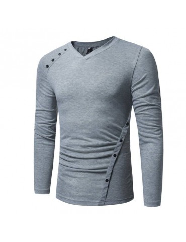 New Men'S Casual Long-Sleeved T-Shirt Fashion Oblique Button Design Base Shirt
