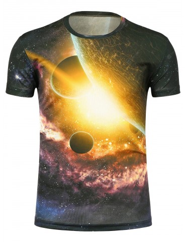Crew Neck 3D Planet Print Galaxy T-Shirt
