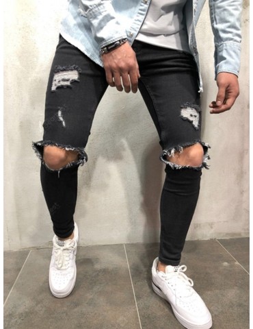 Men Leisure Pants Comfortable Slim Hole Jeans