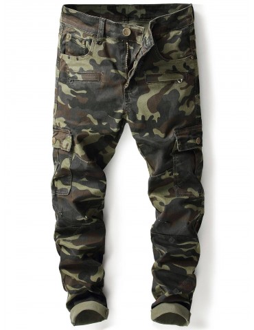 Zip Pockets Straight Leg Camouflage Cargo Pants
