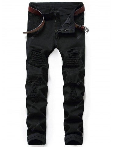 Zip Fly Distressed Moto Jeans