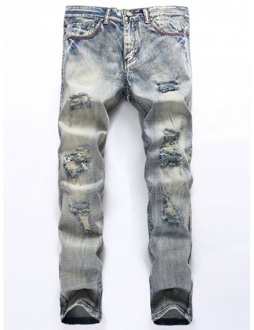 Zipper Fly Blends Wash Ripped Jeans