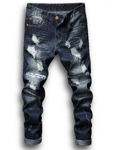 Zipper Fly Graphic Print Bleached Ripped Jeans