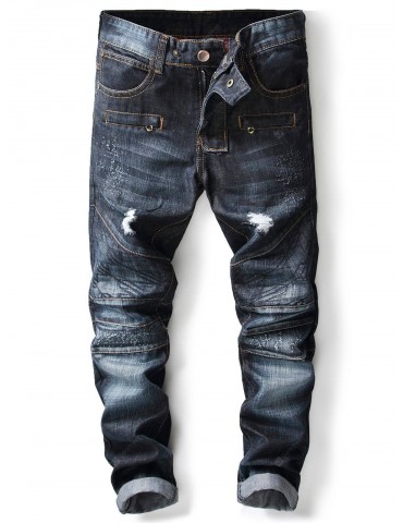 Zipper Fly Panel Design Ripped Jeans