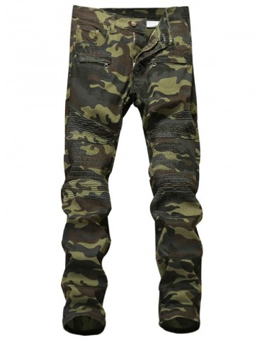 Zipper Fly Camouflage Pleat Cargo Pants