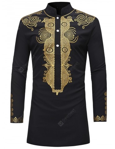 Men Trendy Ethnic Style Print Stand Collar Long Sleeve Shirt