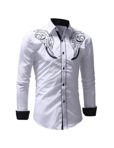 Men's Casual Slim Fit Chest Embroidered Long Sleeve Shirt
