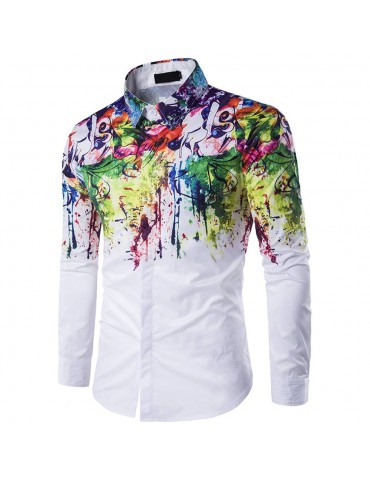 Hot Men's Print Slim Fashion Party Collar Floral Long Sleeve T-shirt