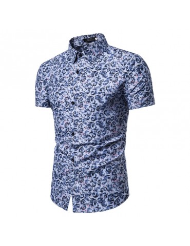 Summer Men'S Short Sleeve Shirt Slim Print Shirt